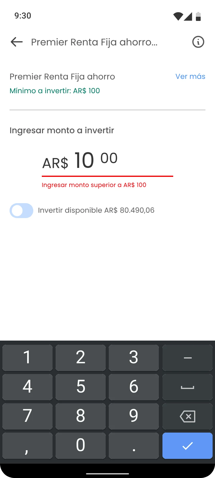 Error message when the amount is below the minimum